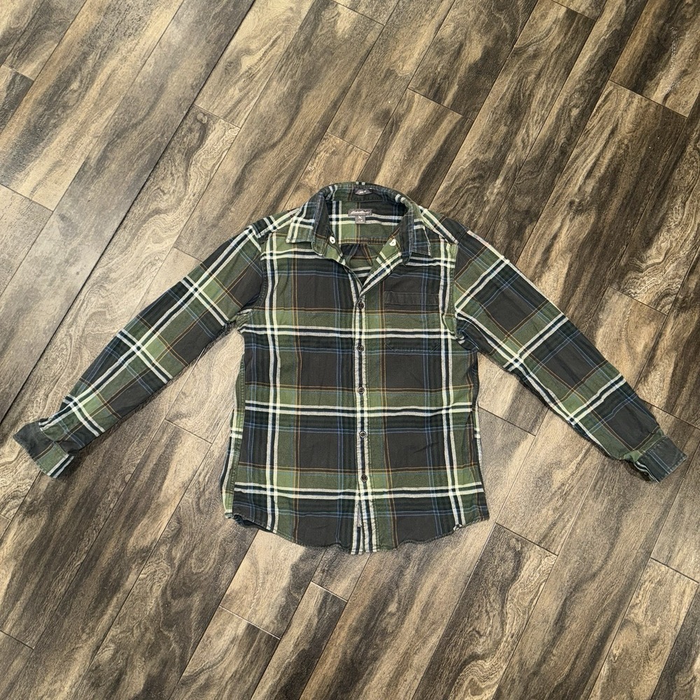 Eddie Bauer Men's Long-Sleeve Green/Grey/White Plaid Flannel Size‎ M